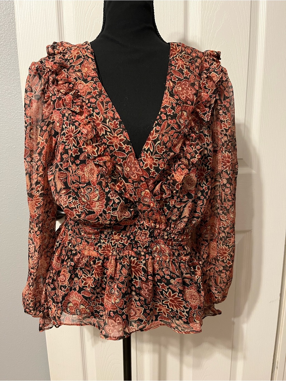 Ruffled Wrap Floral Blouse in Rust and Black